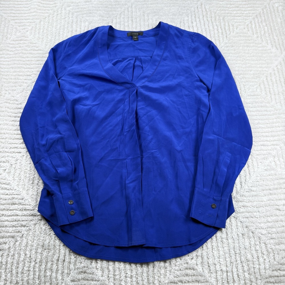 J Crew Blouse Women 00 Blue Silk Drappy V Long Sleeve Work Office Minimalist